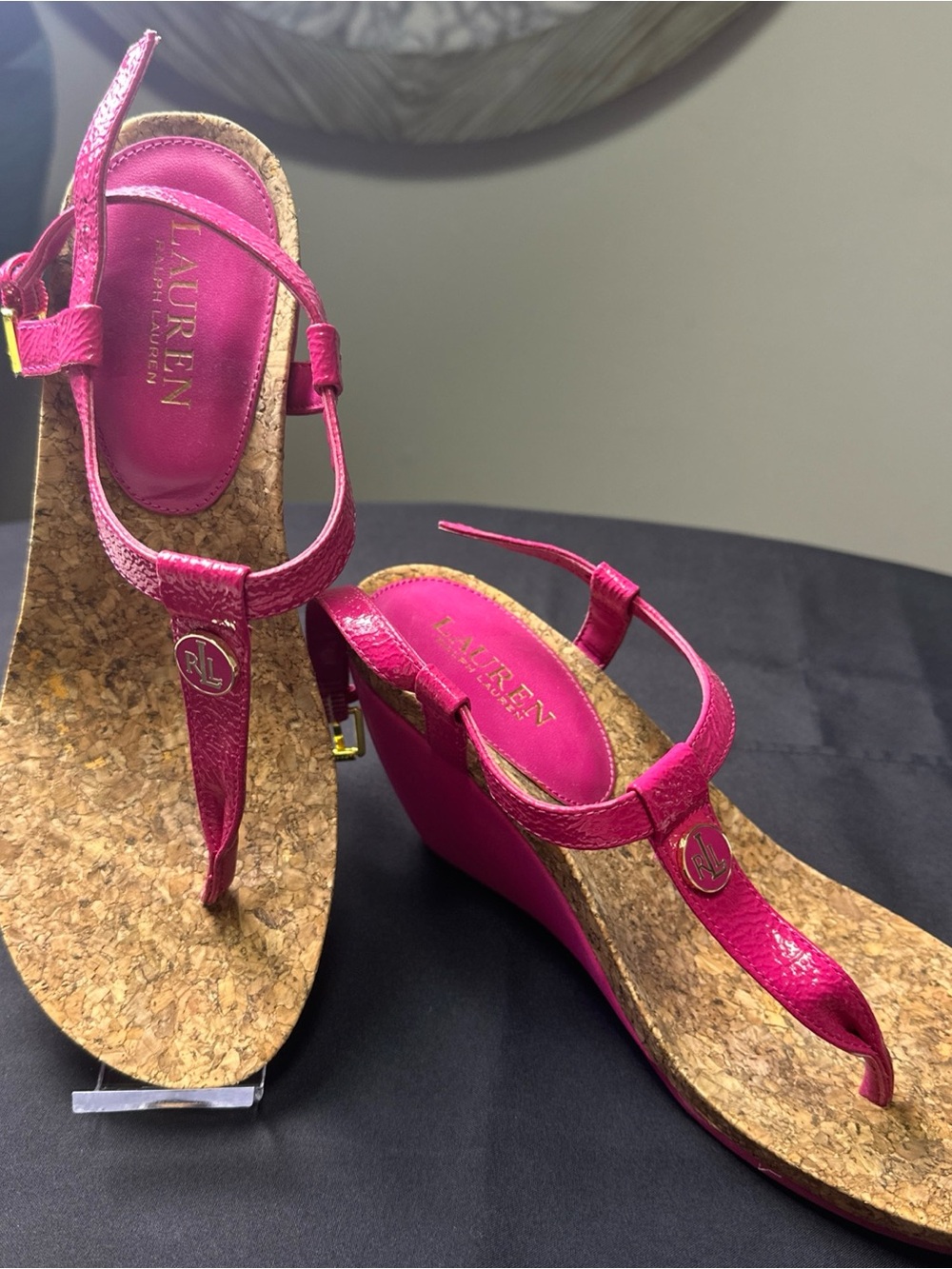 Ralph Lauren Hot Pink Cork Wedge Sandals Size 8.5